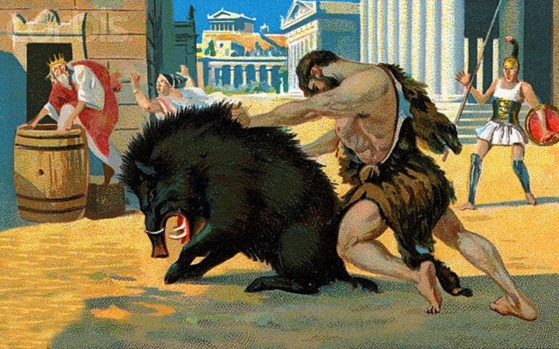 Грек мифологиясы: Гераклдың бесінші ерлігі: Эриманф қабаны және кентаврлармен айқас.